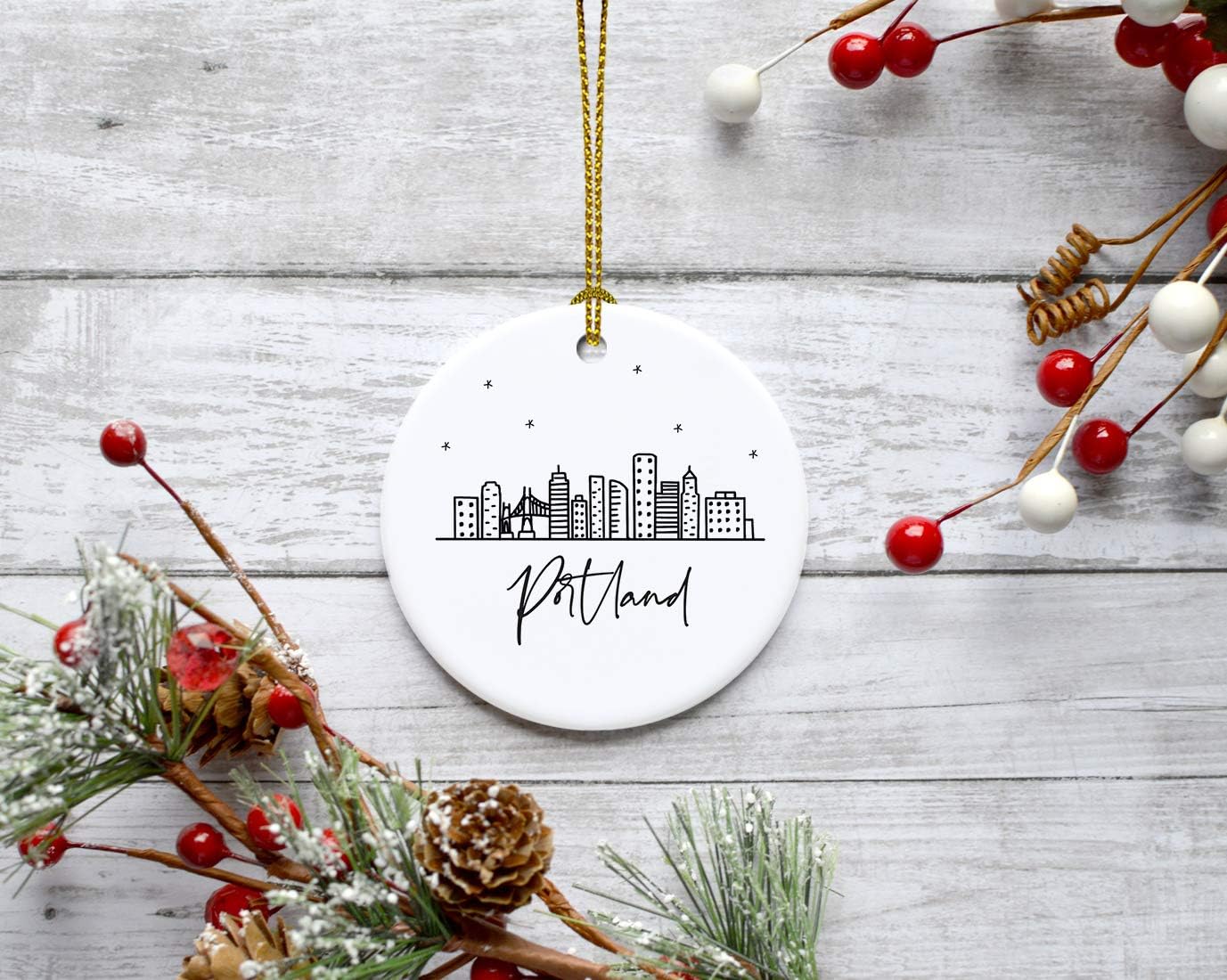 Andaz Press Round Ceramic Porcelain Christmas Tree Ornament Keepsake, Portland Black and White Stars City Skyline Graphic, 1-Pack, Birthday Gift Idea for Family, Coworker Him Her, Includes Gift Box