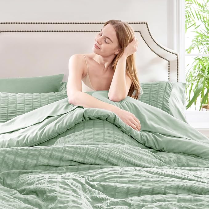 CozyLux King Size Comforter Set Sage Green Seersucker 7 Pieces Bed in a Bag King Comforter Set with Sheets, Luxury Bedding Set with Down Alternative Comforter, Sheets, Pillowcases & Shams All Seasonss