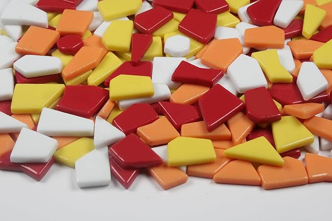 Irregular Glass Mosaic Tiles Bulk 500g Glossy and Iridescent Mosaic Glass Tiles for DIY Projects and Arts and Crafts Solid Colors and Mixes (Glossy Red, Orange & Yellow Mix)