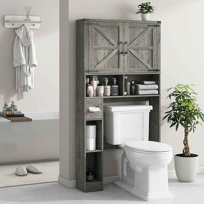 Vabches Over The Toilet Storage Cabinet, Farmhouse Storage Cabinet Over Toilet with 2 Barn Doors & Toilet Paper Holder Stand，Home Space-Saving Toilet Rack, for Laundry, Bathroom, Restroom.Grey Oak