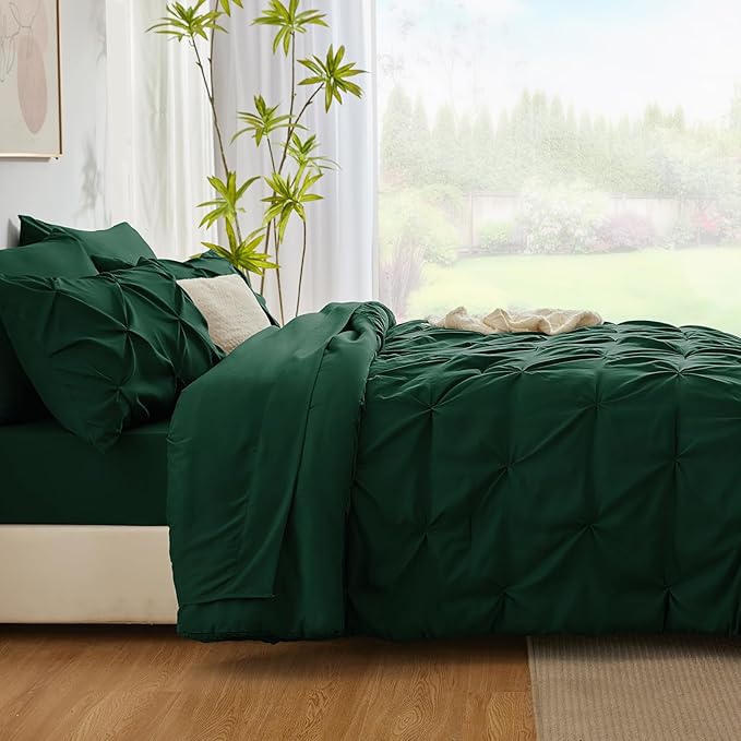 CozyLux Full Size Comforter Sets Emerald Green, 7 Pieces Bed in A Bag Green Comforter Full Size, Pinch Pleat Bedding Sets with All Season Comforter, Sheets, Pillowcases & Shams