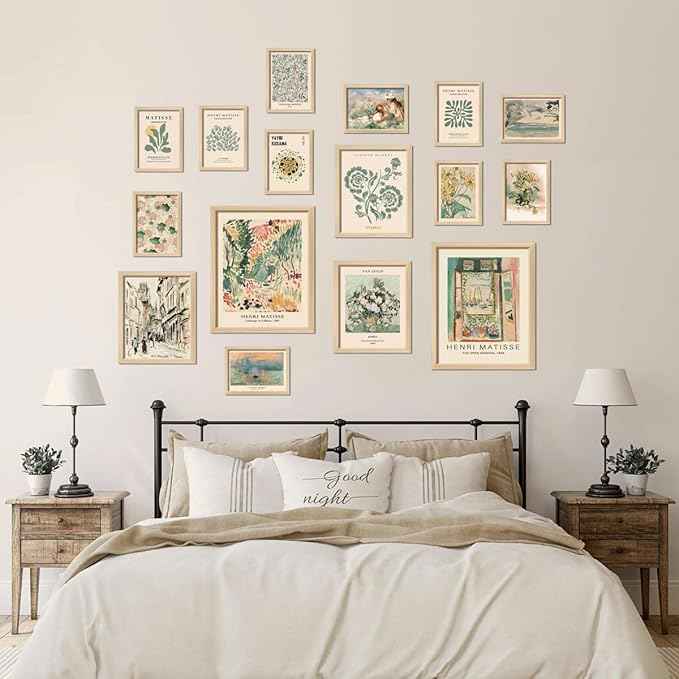 16 PCS Framed Sage Green Wall Art Decor, Matisse Wall Prints for Bedroom, Gallery Wall Frame Set, Abstract Posters for Living Room Aesthetic, Collage Kit Pictures, Boho Dorm Home Decor