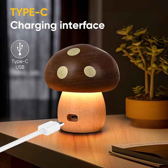 2Pack Wood Small Mushroom Table Lamp, LED Rechargeable Cordless Touch Bedside Lamps, Wireless Stepless Dimming Night Light, Portable Battery Lamp for Bedroom Nightstand for Birthday Gifts