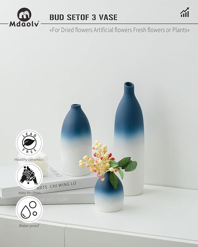 Blue and White Vase Set Navy Blue Decor Coastal Decor Vases for Kitchen Island Living Room Office Table Fireplace Mantle Decorations & Bathroom Shelf Decor Centerpiece Table Decorations Ceramic