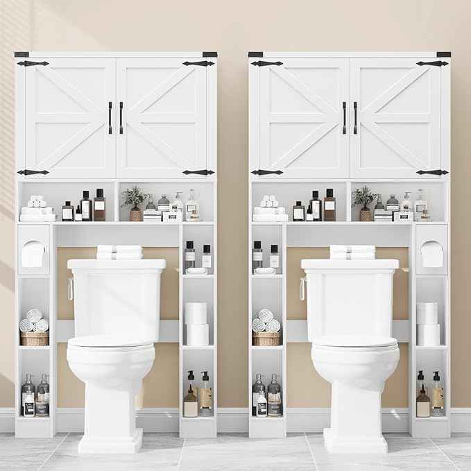 Vabches Over The Toilet Storage Cabinet, Farmhouse Storage Cabinet Over Toilet with 2 Barn Doors ，Toilet Paper Holder Stand，Home Space-Saving Toilet Rack, for Laundry, Restroom, Bathroom.White.