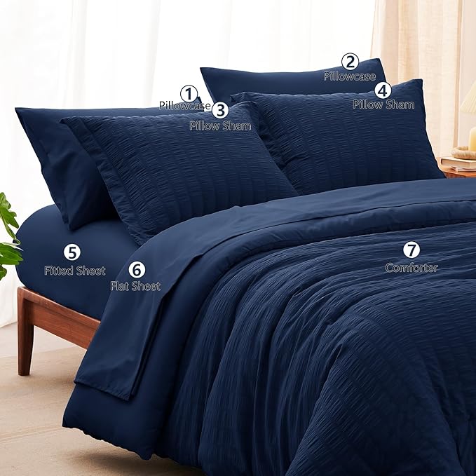 CozyLux Oversized Queen Comforter Set Navy Blue Seersucker 7 Pieces Bed in a Bag Queen Comforter Set with Sheets, Luxury Soft Bedding Set with Down Alternative Comforter, Sheets, Pillowcases & Shams