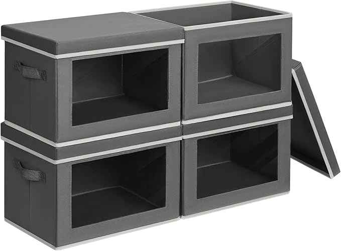 Stackable Storage Bins with Lids - Large Storage Box with Lids, Foldable Closet Boxes for Organizing, Wardrobe Clothes Organizer with Window, Cubes Bins for Living Room, 4 Pack, Dark Grey