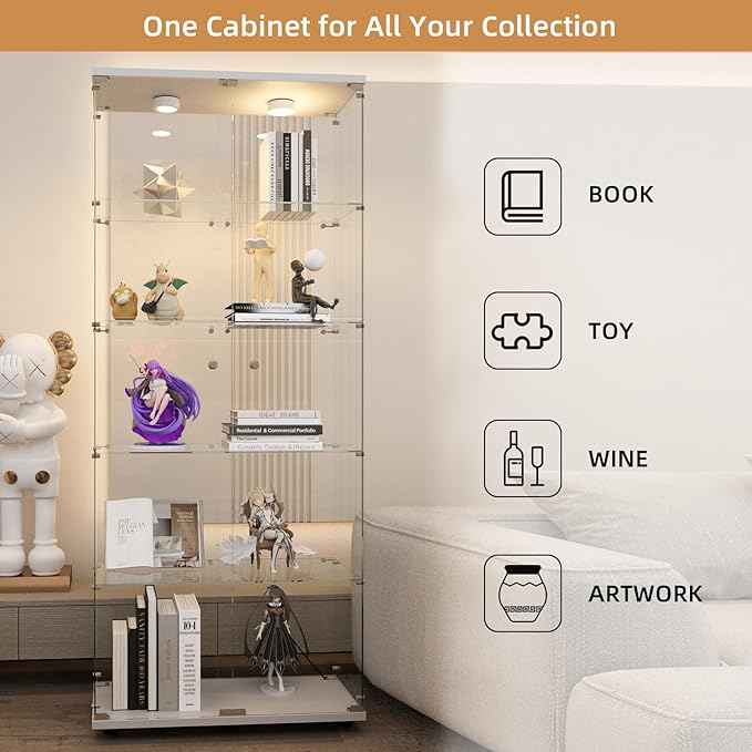 Beauty4U Glass Display Cabinet with Lights, 5 Shelves with 2 Doors, Curio Cabinets for Living Room, Bedroom, Office, White Floor Standing Glass Bookshelf, Quick Installation