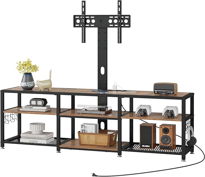 VECELO TV Stand with Mount and Power Outlets, Entertainment Center for 55/60/65/70/75 inch TVs, Height Adjustable Media Console with Storage Shelves, for Living Room, Bedroom, Rustic Brown