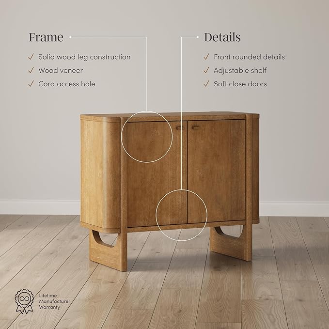 Nathan James Solace Mid Century Modern Cabinet, Storage Cabinet or Accent Cabinet with Doors with Solid Wood Legs and Adjustable Shelf, Light Brown