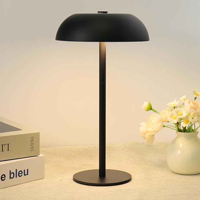 Portable Mushroom Table Lamp with 5200mAh Battery, Cordless LED Night Light with Stepless Dimming, 3 Color Modes & Adjustable Height for Bedroom, Patio, Bar Decor and Coffee Shop Ambiance (Balck-tall)
