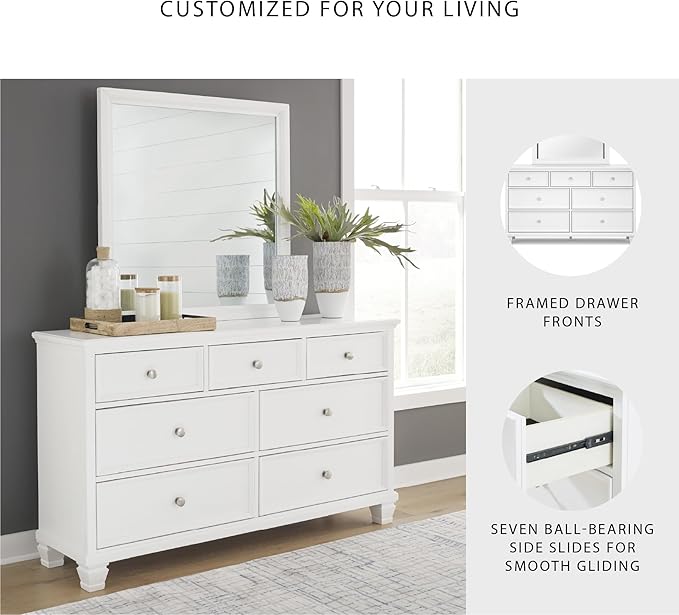 Signature Design by Ashley Fortman Casual Dresser and Mirror, Tapered Feet, 7 Storage Drawers, Round Satin Nickel Metal Knobs, Wood, 74.13" High, White