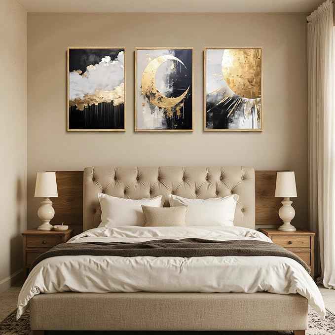 3Pcs Black and Gold Abstract Canvas Wall Art Sun Moon And Cloud Posters Prints Maximalist Pictures Wall Decor For Living Room, Bedroom,bathroom Decoration Unframed