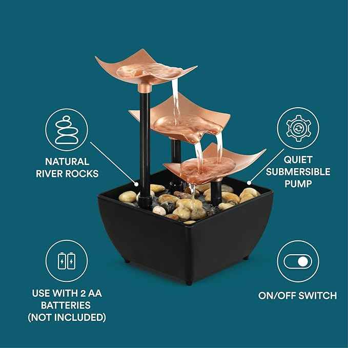 Homedics Golden Dew Relaxation Tabletop Water Fountain with 3 Tiers, Natural River Rocks, and a Quiet Pump for Soothing Zen Ambiance in Your Home or for Office Décor, Powered by 2 AA Batteries
