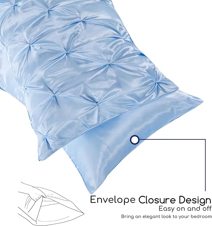 MR&HM Satin Comforter Full 7 Pieces - Luxurious Pinch Pleat Bedding Set with Comforter, Flat Sheet, Fitted Sheet, Pillowcases & Shams, Super Silky Soft Bed Set for All Season (Full, Light Blue)