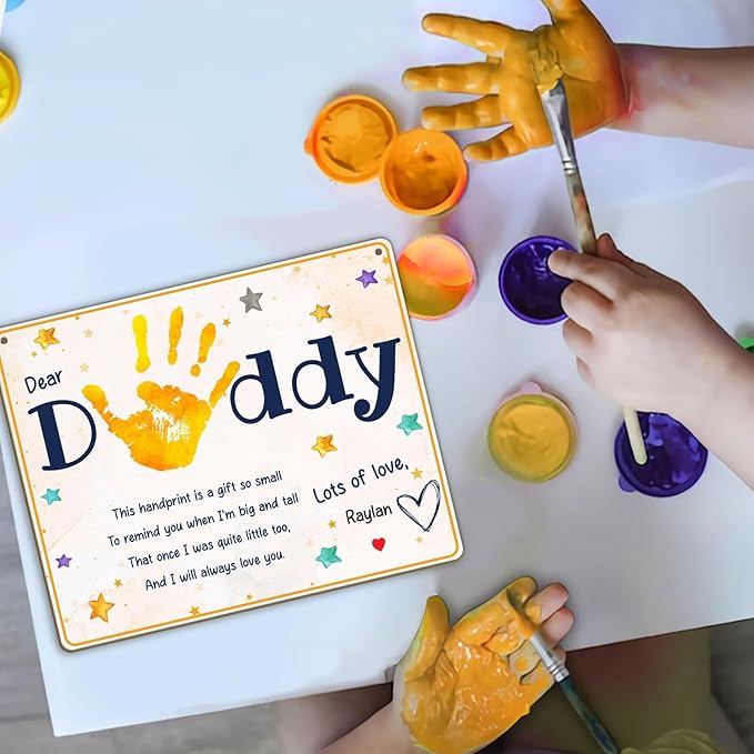 Dear Daddy Poem DIY Baby Handprint Art Craft Plaque Gift for Dad, Best Dad Ever Gifts with Kids Handprint Keepsake, Baby's First Fathers Day Handprint Craft with Poem Sign for Dad from Toddler Infant