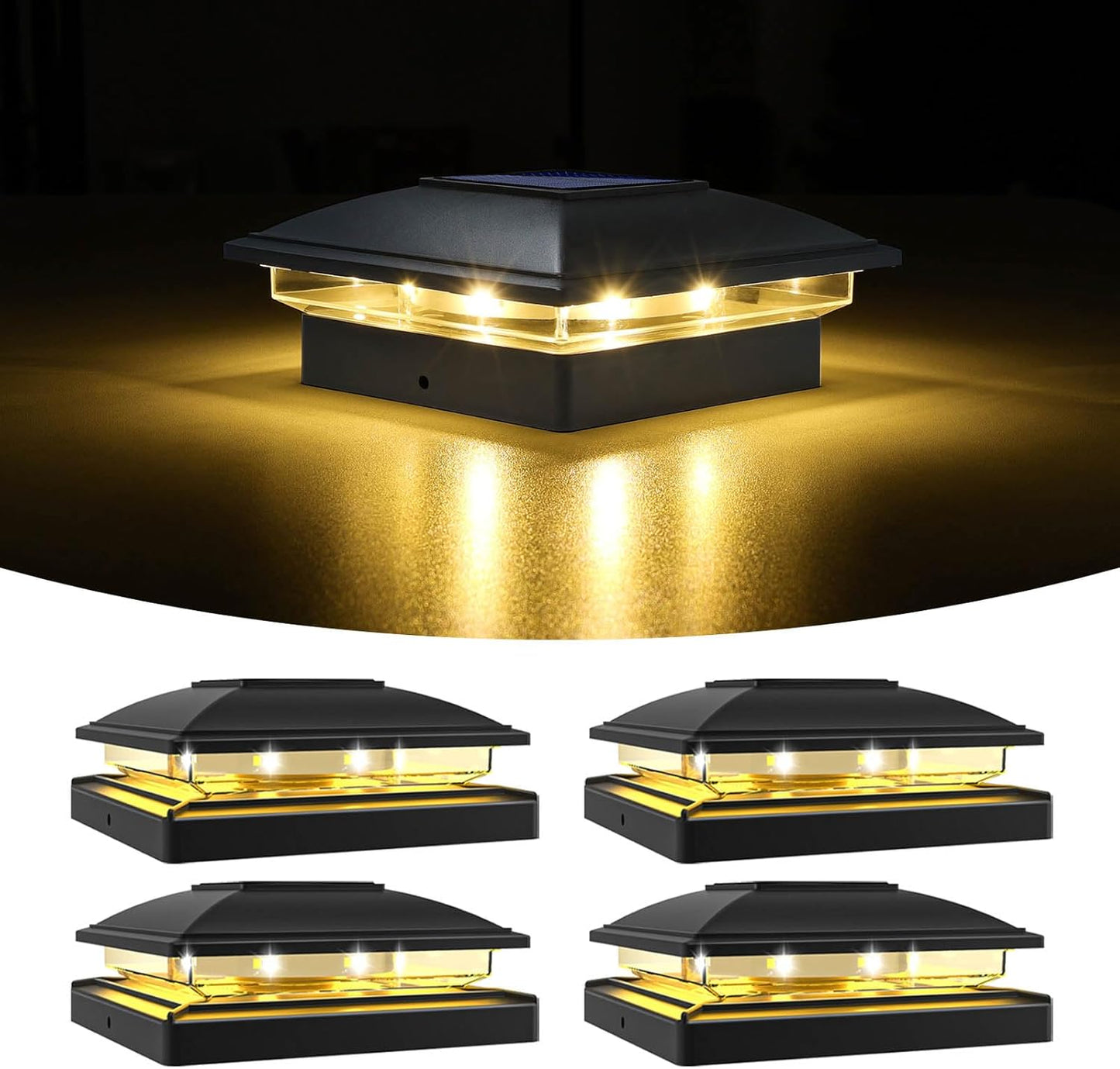 VOLISUN Solar Post Cap Light Outdoor Waterproof 4pack,Solar Fence - Post Lights for 4x4 5x5 6x6 Wooden/Vinyl Post,Black Deck Post Cap Light Solar Powered with Warm White for Garden/Patio/Porch