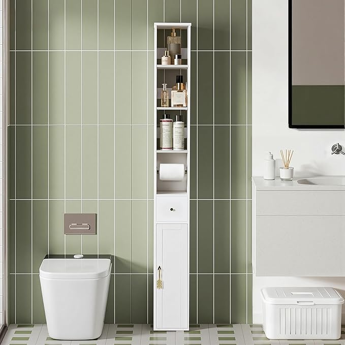 VECELO Narrow Bathroom Storage Cabinet, 67" Tall Cabinet Organizer with Toilet Paper Holder, Anti-Tip Device, 3 Adjustable Shelves, Drawer & Magnetic Door for Small Spaces, White