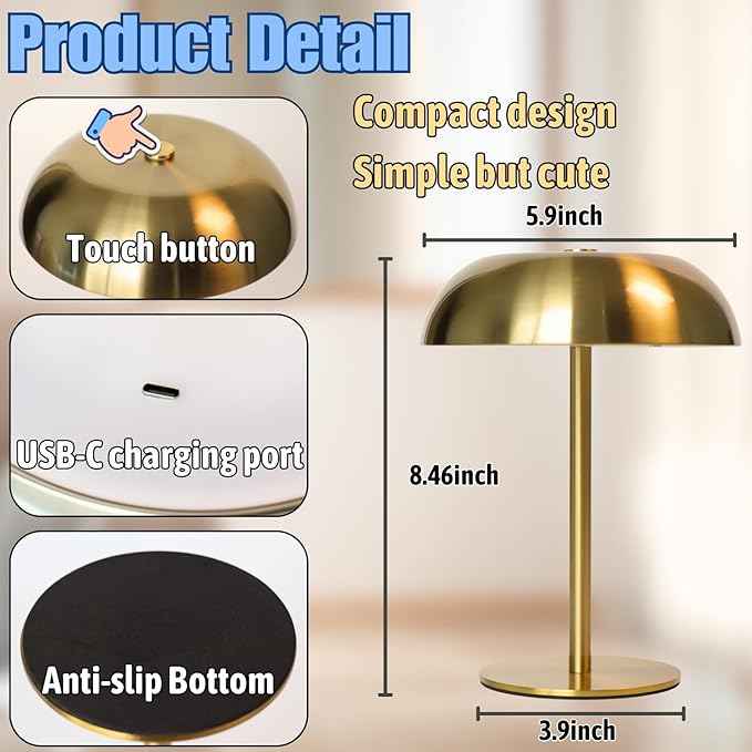 Portable LED Mushroom Table Lamp, 8.46'' Small Cordless Desk Night Light with 5200mAh Rechargeable Battery, Stepless Dimming Lamp with 3 Colors for Bedroom/Bar/Coffee Shop (Silver)