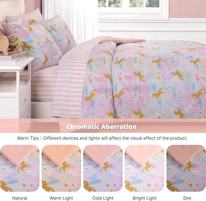 Queen Comforter Set with Sheets for Girls-7 Pieces Queen Bedding Sets with Pink Comforter, Sheets, Pillowcases & Shams for Kids (Gold Unicorn, 90" X 90")