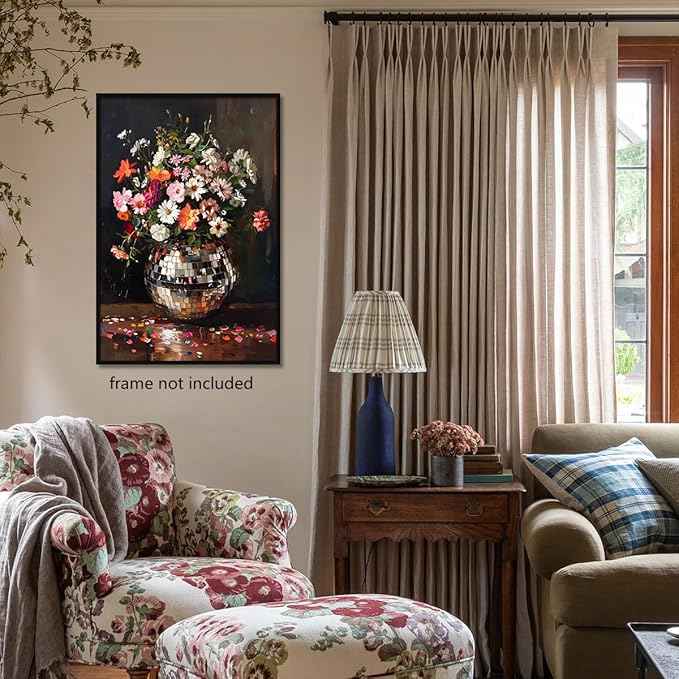 Colorful Moody Florals Disco Ball Wall Art, Maximalist Funky Wildflowers Bouquet Disco Ball Canvas Poster, Retro Cottagecore Flower Prints Paiting, Vintage Eclectic Wall Decor 16x24in Unframed