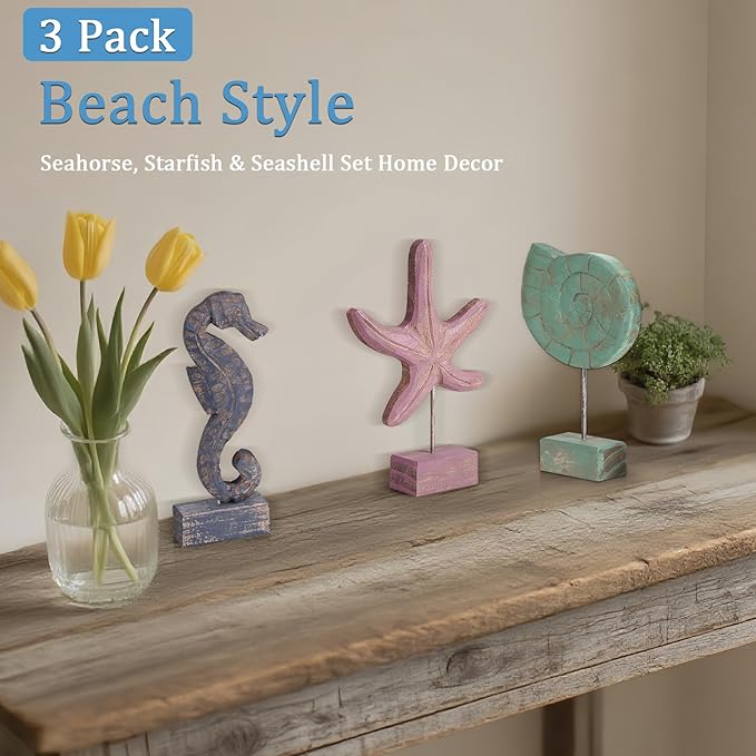 3pcs Wood Handmade Beach Nautical Style Figurines Starfish/Conch/Seahorse Statue Home Decor (Multicolor)