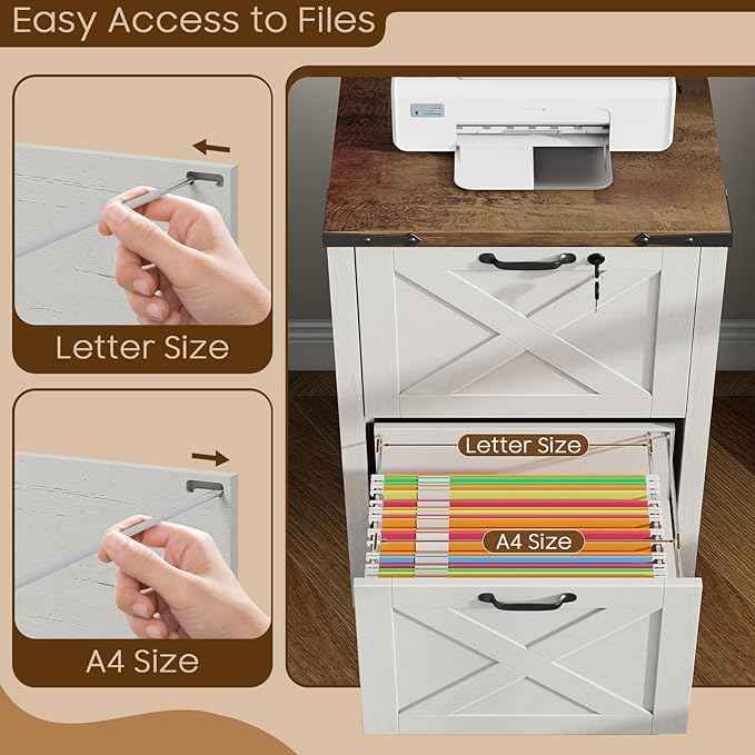 Vabches Vertical File Cabinet with 2 Drawers, Wooden Farmhouse Filing Cabinet for Letter/A4 Size Hanging Files, Under Desk Printer Stand with Storage for Home Office, White and Lock
