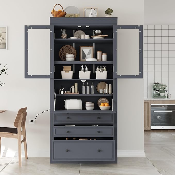 Merax 78 Inch Extra-Tall Freestanding Kitchen Pantry Storage Cabinet, Multifunctional Cupboard with 3 Drawers, Adjustable Shelves & Power Outlet Drop-Down Surface for Dining and Living Room, Grey