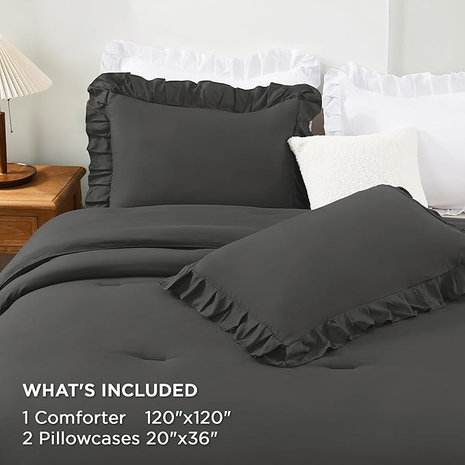 Andency Super King Ruffle Comforter Set, 3 Pieces Thick Shabby Chic Farmhouse Bedding Set for Women, Soft Lightweight Oversized King Comforter Set 120x120 (1 Comforter 2 Pillowcases), Dark Gray