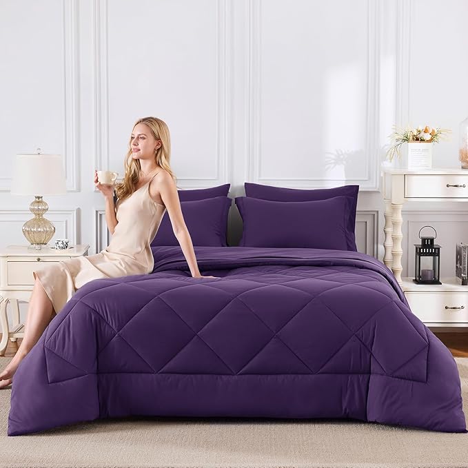 CozyLux King Size Comforter Set Purple - 7 Pieces Bed in a Bag King, Luxury Soft Bed Set for All Seasons, Bedding Set with Down Alternative Comforter, Sheets, Pillowcases & Shams