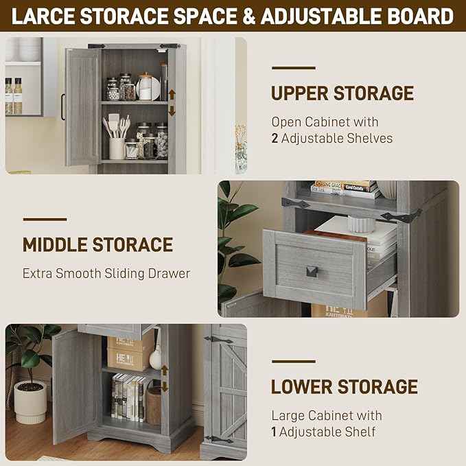 Vabches 66" Tall Farmhouse Bathroom Storage Cabinet with Barn Doors and Drawer, Narrow Storage Unit, Adjustable Shelves & 5-Tier Space, Freestanding Cabinet for Bathroom, Entryway, Kitchen, Wash Grey