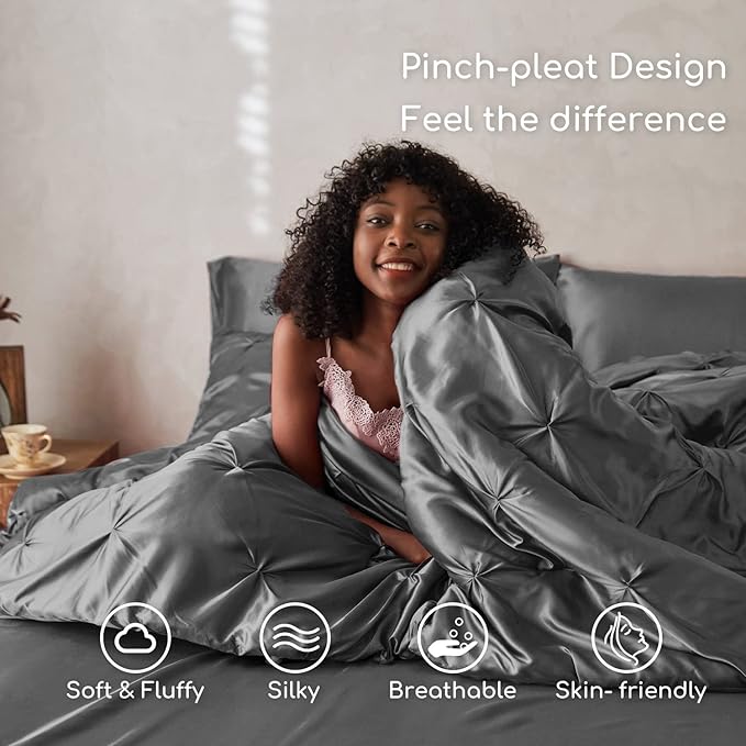 MR&HM Satin Comforter Twin XL 5 Pieces - Luxurious Pinch Pleat Bedding Set with Comforter, Flat Sheet, Fitted Sheet, Pillowcase & Sham, Super Silky Soft Bed Set for All Season (Twin XL, Dark Grey)
