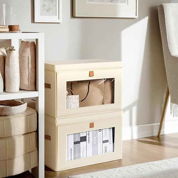 Fabric Closet Storage Bins with Window & Clothes Storage Bins with Handles, Home Decorative Boxes for Clothes, Closet, Office, Beige