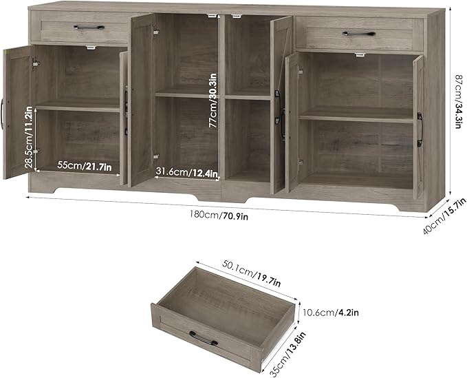 71” Large Sideboard Buffet Cabinet with Storage, Farmhouse Kitchen Buffet Cabinet with Adjustable Shelves and 6 Barn Doors, Wood Coffee Wine Bar Console Table, White, Ash Grey (Ash Grey)