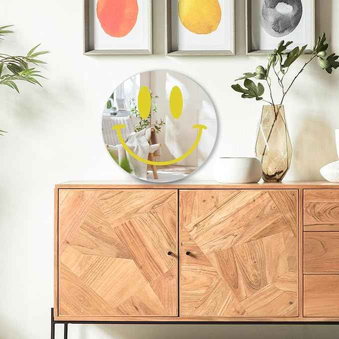 DARENYI Yellow Preppy Mirror Circle, 12 inch Smiling Face Aesthetic Mirror for Teen Girls Preppy Room Wall Decor