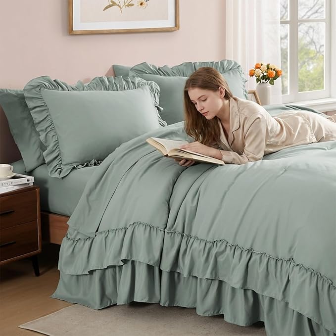 Full Comforter Set Sage Green, Ruffle Shabby Chic Bedding Set Farmhouse 7 Pieces, All Season Fluffy Bed in a Bag with Sheets, Pillowcases & Shams