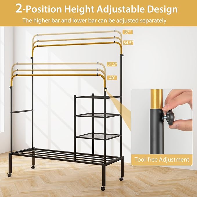 Tangkula Rolling Double Rods Garment Rack, Clothes Drying Rack with Height Adjustable Hanging Bars, Storage Shelves & Lockable Wheels, Heavy-duty Steel Clothing Rack for Indoor & Outdoor Use (Gold)