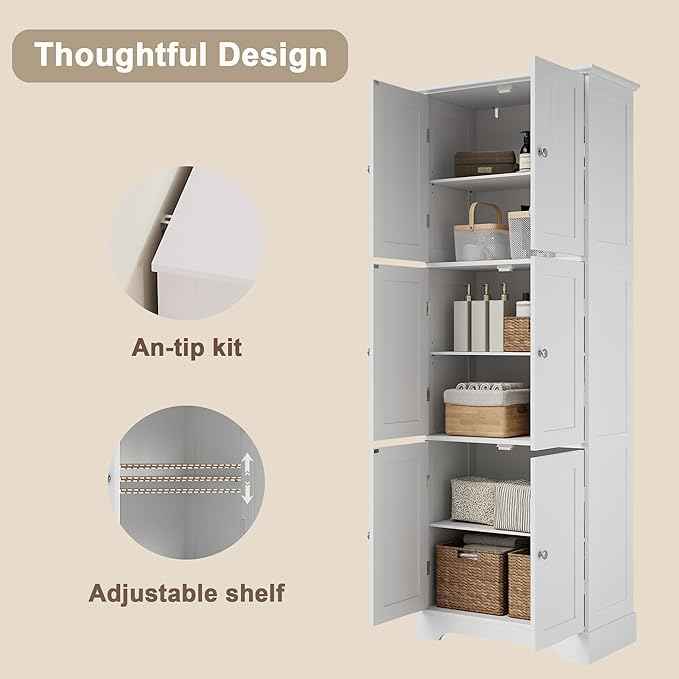 ChooChoo Tall Bathroom Storage Cabinet with 6 Doors, Freestanding Floor Cabinet with Adjustable Shelves, White Pantry Cabinet for Bathroom, Kitchen, Laundry Room