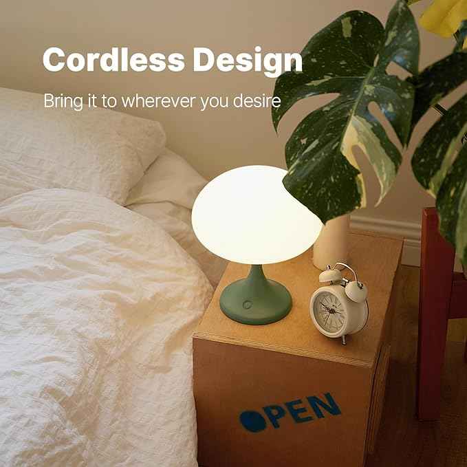Mushroom Lamp, 5W LED Cordless Rechargeable Table Lamp with Glass Shade, Small Retro Dimmable Touch Light with 3 Color Temps, Aesthetic Mid Century Bedside Light for Bedroom Ambient, Green