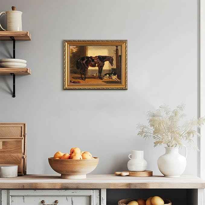 uniro Vintage Gold Framed Wall Art for Home Decor, Farmhouse Wall Decor Horse Canvas Artwork, Antique Animal Farm Poster Equestrian Wall Art for Nursery Wall Decor, Rustic Horse Aesthetic Picture for Bathroom, Living Room, Desktop decor - 12x16Inch