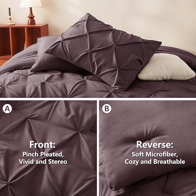 CozyLux Queen Comforter Set Cocoa Powder, 7 Pieces Pintuck Bed in A Bag, Premium Cocoa Powder Comforter Queen Size, Pinch Pleat Bedding Sets with Comforter, Sheets, Pillowcases & Shams
