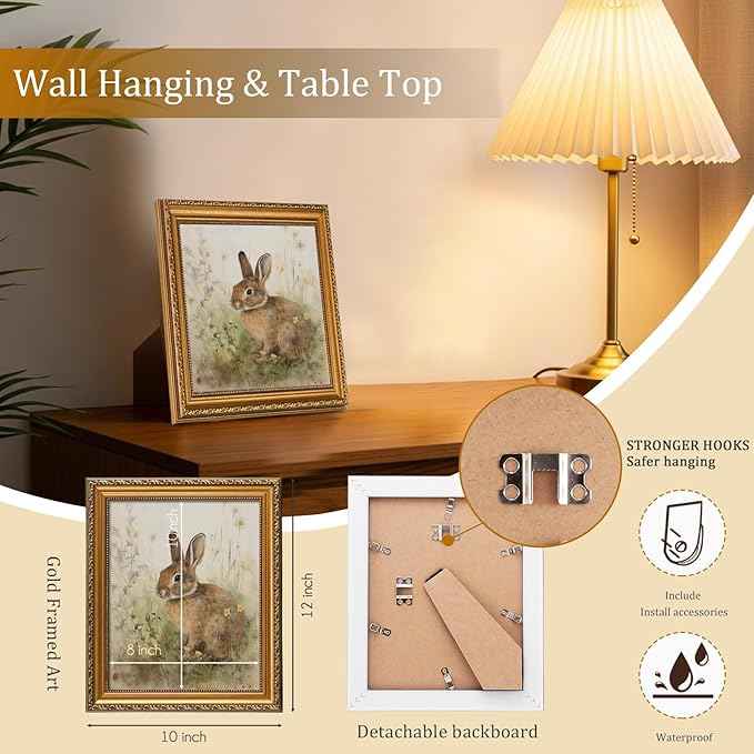 uniro Vintage Gold Framed Wall Art for Home Decor, Farmhouse Decor Easter Bunny Canvas Art Prints Painting, Antique Neutral Rabbit Picture Wall Decor, Rustic Animal Nursery Frame Art for Bedroom, Gallary, Living Room, Office, Cottagecore decor - 8x10Inch