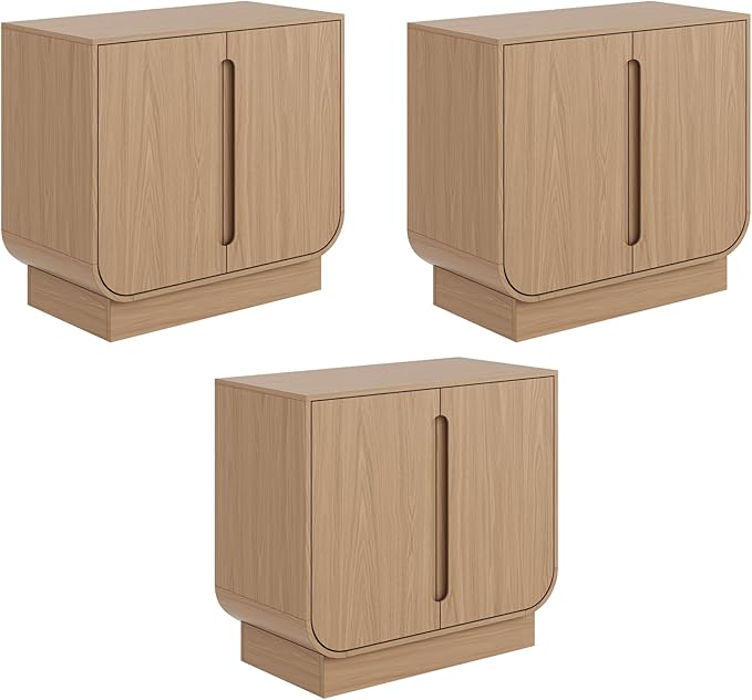 Nathan James Joey Mid Century Modern Storage Cabinet, Arched Accent Cabinet with Rounded Bottom Edges and Integrated Door Pull Cutouts, Raw Oak Set of 3