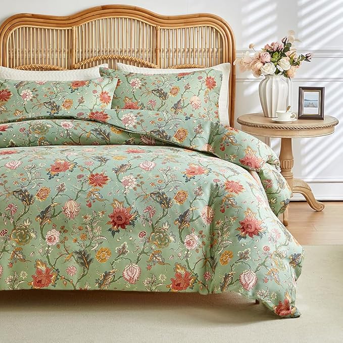 LifeTB Queen Comforter Set Boho Vintage Green Floral Comforter Bohemian Flower Vines Botanical Comforter with 2 Pillowcases Fluffy Soft Microfiber Farmhouse Floral Bedding Comforter Set Queen Size