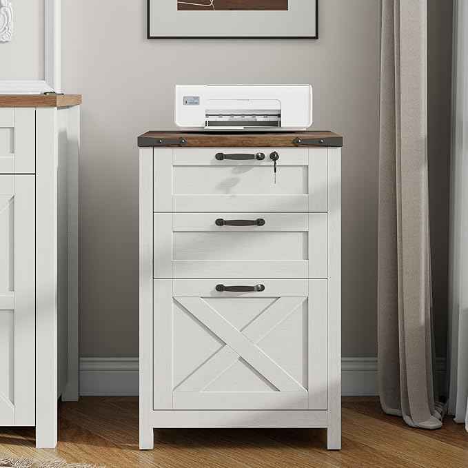 Vabches Vertical File Cabinet with 3 Drawers, Wooden Farmhouse Filing Cabinet for Letter/A4 Size Hanging Files, Under Desk Printer Stand with Storage for Home Office, White and Lock