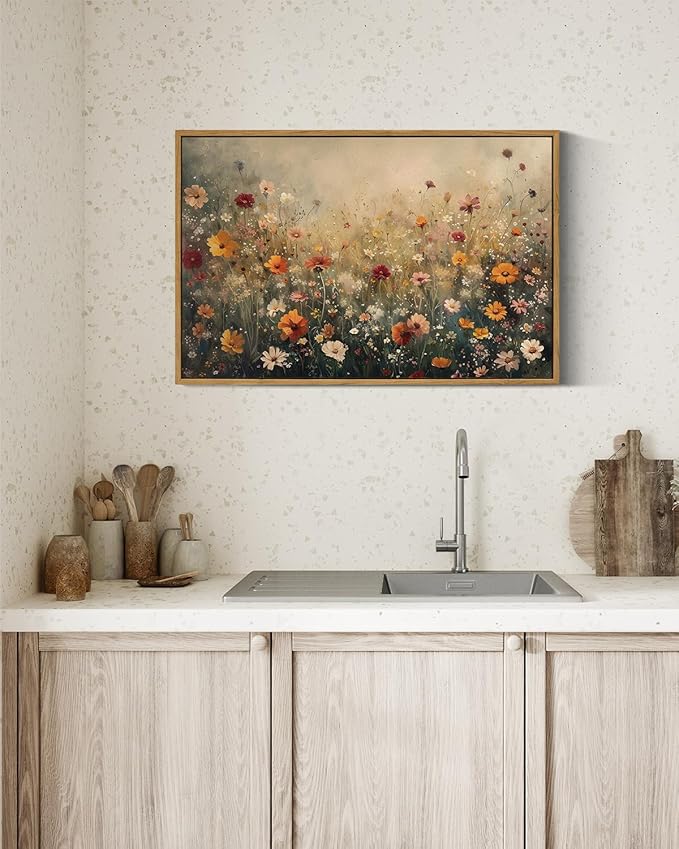 InSimSea Framed Canvas Wall Art Vintage Decor, Wall Decor for Living Room Bedroom Office Bathroom, Large Nature Landscape Flower Wildflower Oil Painting Prints, Home Decorations, 16x24inch