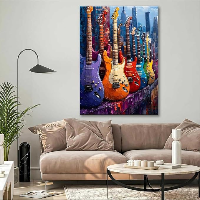 Paint by Numbers Kit for Adults Framed, Colorful Electric Guitars with City Skyline, DIY Oil Painting, Pre-Printed Canvas Wall Art Home Decor Gift, 16x20inch Framed, 24 Colors