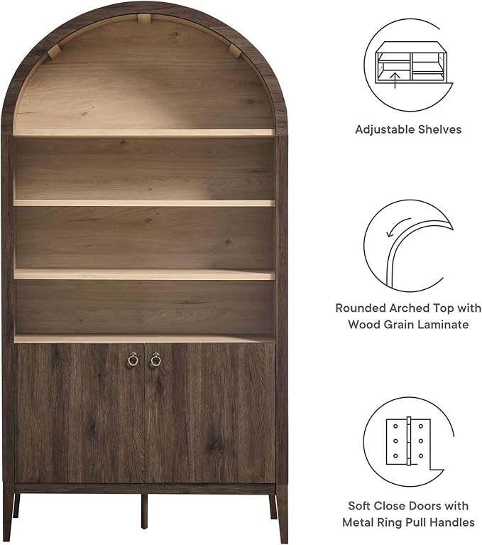 Modway Nolan Tall Arched Storage Display Cabinet in Dark Walnut - 74 Inch Arch Bookshelf with Open and Closed Shelving - Modern Accent Cabinet for Living Room, Dining Room