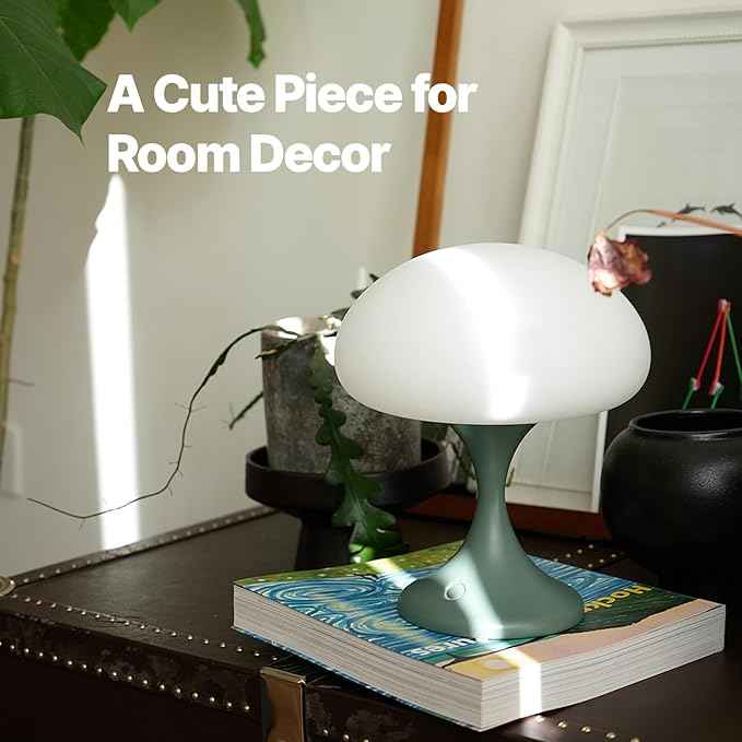 Mushroom Lamp, 5W LED Cordless Rechargeable Table Lamp with Glass Shade, Small Retro Dimmable Touch Light with 3 Color Temps, Aesthetic Mid Century Bedside Light for Bedroom Ambient, Green