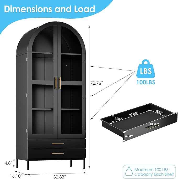 Metal Arched Pantry Cabinet with 2 Drawers and Glass Doors,Black Arched Bookcase with 2 Adjustable Shelf for Kitchen Home Office,Installation Required,Black